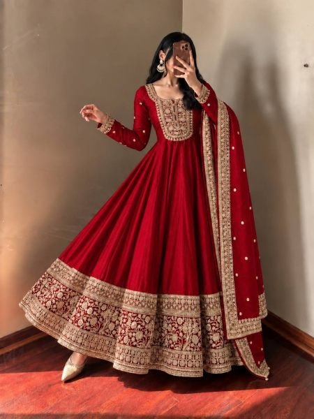 Futuristic Red Roman Silk Gown Pant Dupatta Set with Heavy Coding Work For Festival Ready To Wear Suit