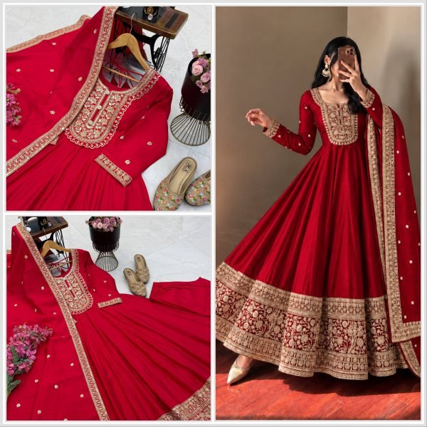 Futuristic Red Roman Silk Gown Pant Dupatta Set with Heavy Coding Work For Festival Ready To Wear Collection