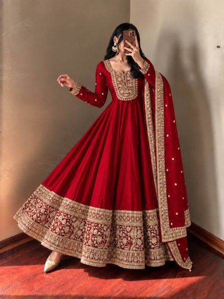 Futuristic Red Roman Silk Gown Pant Dupatta Set with Heavy Coding Work For Festival Ready To Wear Collection