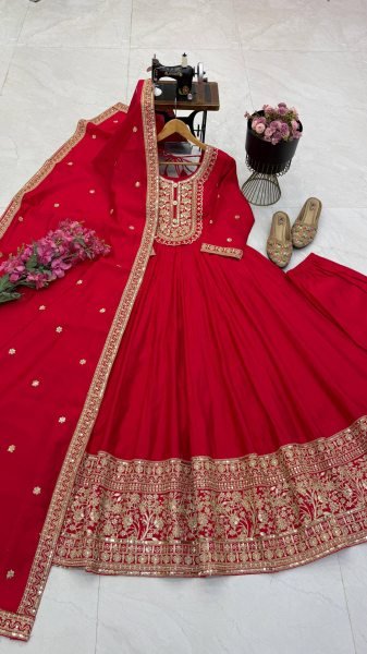 Futuristic Red Roman Silk Gown Pant Dupatta Set with Heavy Coding Work For Festival Ready To Wear Collection