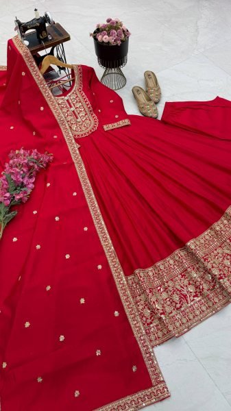 Futuristic Red Roman Silk Gown Pant Dupatta Set with Heavy Coding Work For Festival Ready To Wear Collection