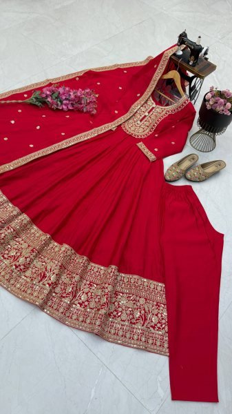 Futuristic Red Roman Silk Gown Pant Dupatta Set with Heavy Coding Work For Festival Ready To Wear Collection