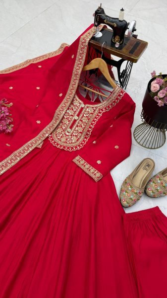 Futuristic Red Roman Silk Gown Pant Dupatta Set with Heavy Coding Work For Festival Ready To Wear Collection