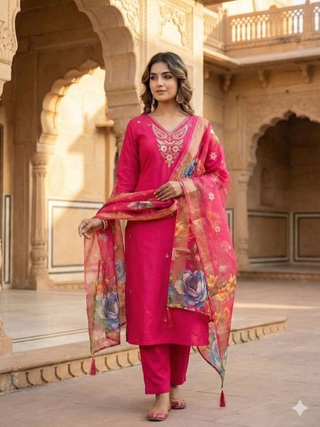 Futuristic Roman Silk Embroidered Kurti Pant Set with Heavy Chanderi Jacquard Dupatta for Women Kurtis