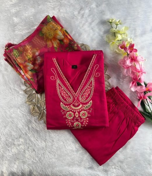 Futuristic Roman Silk Embroidered Kurti Pant Set with Heavy Chanderi Jacquard Dupatta for Women Embroidery Kurtis 