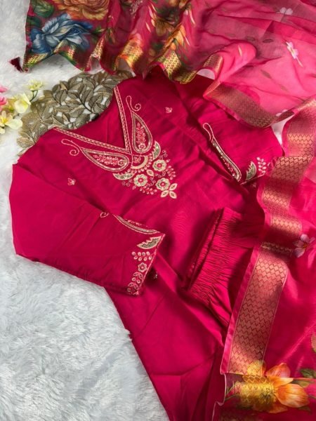 Futuristic Roman Silk Embroidered Kurti Pant Set with Heavy Chanderi Jacquard Dupatta for Women Embroidery Kurtis 