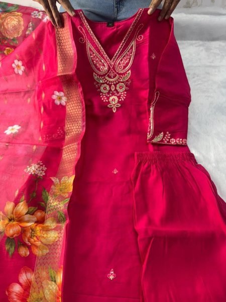 Futuristic Roman Silk Embroidered Kurti Pant Set with Heavy Chanderi Jacquard Dupatta for Women Embroidery Kurtis 