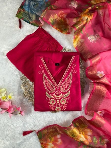 Futuristic Roman Silk Embroidered Kurti Pant Set with Heavy Chanderi Jacquard Dupatta for Women Embroidery Kurtis 