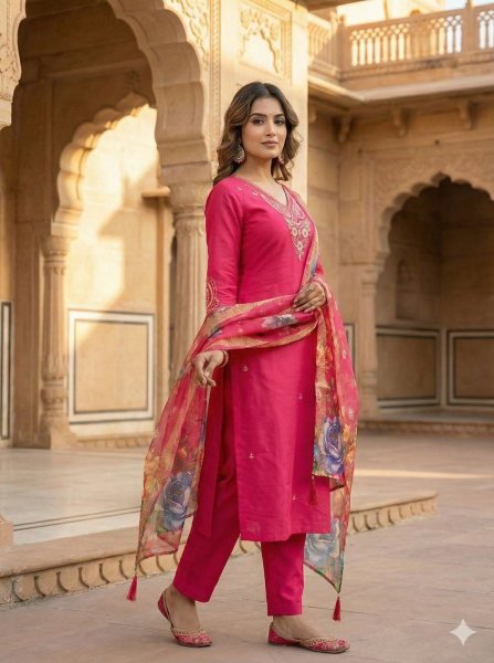 Futuristic Roman Silk Embroidered Kurti Pant Set with Heavy Chanderi Jacquard Dupatta for Women Embroidery Kurtis 