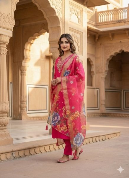 Futuristic Roman Silk Embroidered Kurti Pant Set with Heavy Chanderi Jacquard Dupatta for Women Embroidery Kurtis 