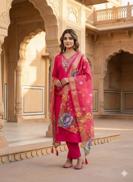 Futuristic Roman Silk Embroidered Kurti Pant Set with Heavy Chanderi Jacquard Dupatta for Women Embroidery Kurtis 