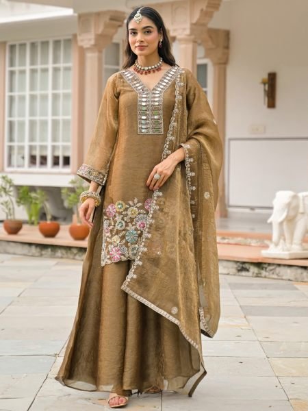 Futuristic Rust Crush Satin Top Palazzo Dupatta Set with Embroidery at Wholesael Rate 