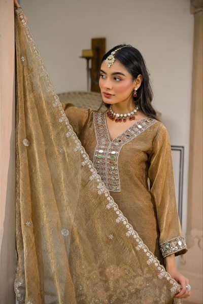 Futuristic Rust Crush Satin Top Palazzo Dupatta Set with Embroidery at Wholesael Rate Designer Plazzo Salwar Suits Wholesale