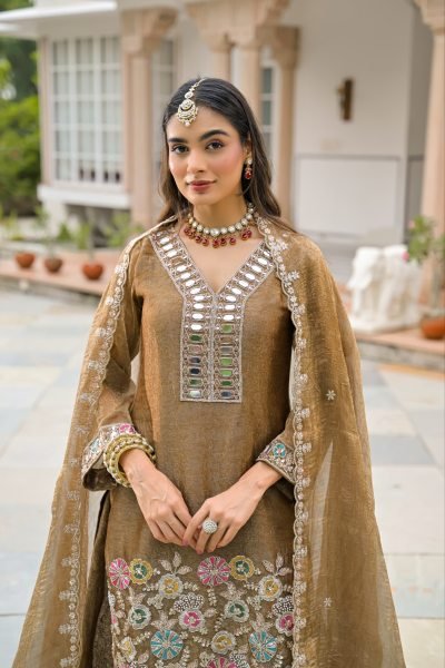 Futuristic Rust Crush Satin Top Palazzo Dupatta Set with Embroidery at Wholesael Rate Designer Plazzo Salwar Suits Wholesale