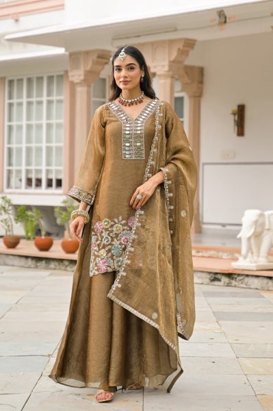 Futuristic Rust Crush Satin Top Palazzo Dupatta Set with Embroidery at Wholesael Rate Designer Plazzo Salwar Suits Wholesale