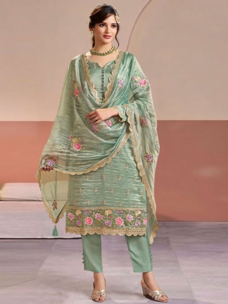 Futuristic Sage Green Gold Silk Suit Set for Wedding and Festive Wear Salwar Kameez