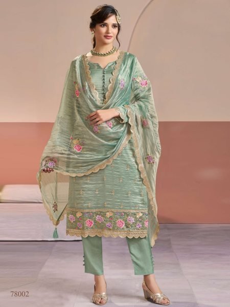Futuristic Sage Green Gold Silk Suit Set for Wedding and Festive Wear Churidar Salwar Suits Wholesale