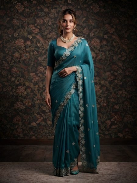 Futuristic Teal Designer Soft Satin Chiffon Saree with Embroidered Border at Wholesale Sarees 