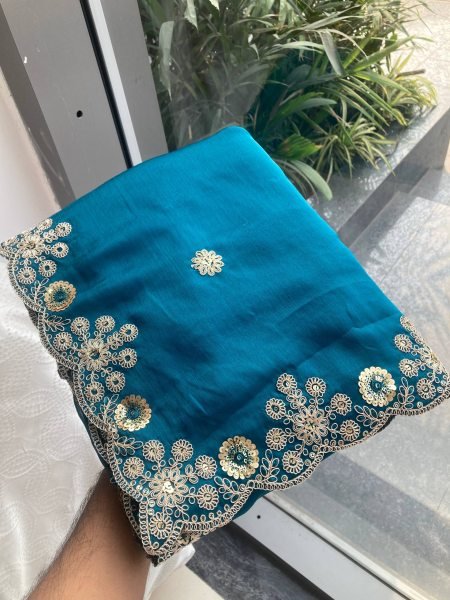 Futuristic Teal Designer Soft Satin Chiffon Saree with Embroidered Border at Wholesale Designer Wedding Sarees Wholesale