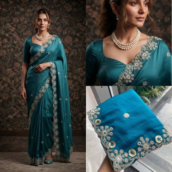 Futuristic Teal Designer Soft Satin Chiffon Saree with Embroidered Border at Wholesale Designer Wedding Sarees Wholesale