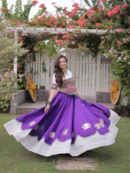 Futuristic White Purple Designer Navratri Roman Fabric Lehenga with Mirror Lace Border  Lehenga