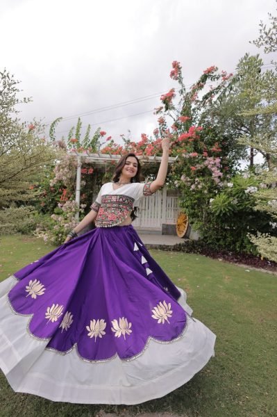 Futuristic White Purple Designer Navratri Roman Fabric Lehenga with Mirror Lace Border Navratri Lehnega Choli