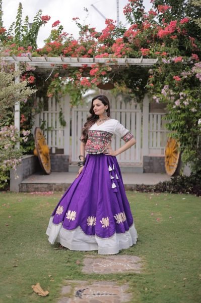 Futuristic White Purple Designer Navratri Roman Fabric Lehenga with Mirror Lace Border Navratri Lehnega Choli