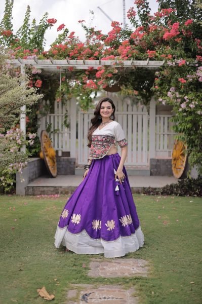 Futuristic White Purple Designer Navratri Roman Fabric Lehenga with Mirror Lace Border Navratri Lehnega Choli