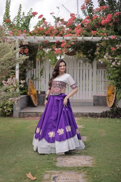 Futuristic White Purple Designer Navratri Roman Fabric Lehenga with Mirror Lace Border Navratri Lehnega Choli