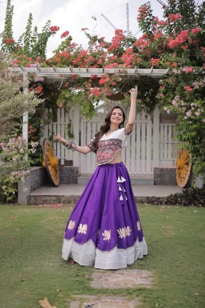 Futuristic White Purple Designer Navratri Roman Fabric Lehenga with Mirror Lace Border Navratri Lehnega Choli
