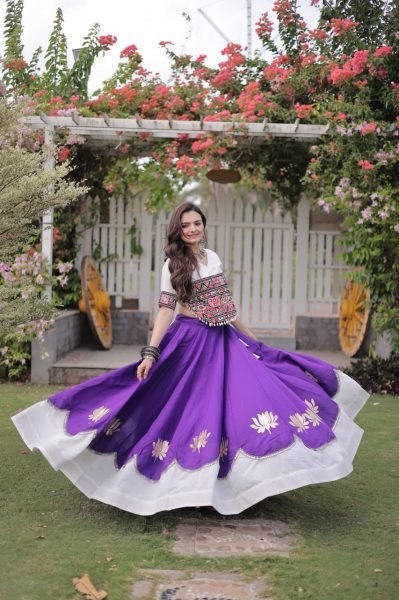 Futuristic White Purple Designer Navratri Roman Fabric Lehenga with Mirror Lace Border Navratri Lehnega Choli