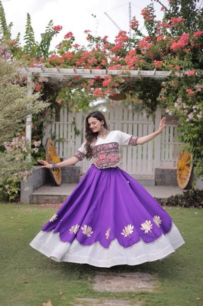 Futuristic White Purple Designer Navratri Roman Fabric Lehenga with Mirror Lace Border Navratri Lehnega Choli