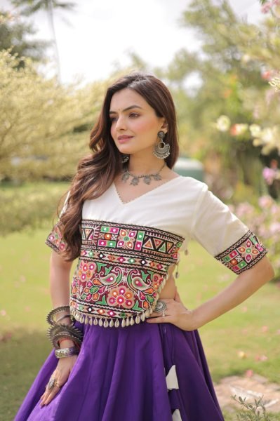 Futuristic White Purple Designer Navratri Roman Fabric Lehenga with Mirror Lace Border Navratri Lehnega Choli
