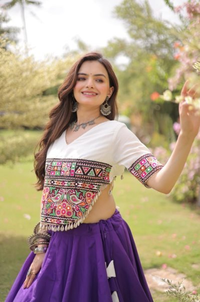 Futuristic White Purple Designer Navratri Roman Fabric Lehenga with Mirror Lace Border Navratri Lehnega Choli
