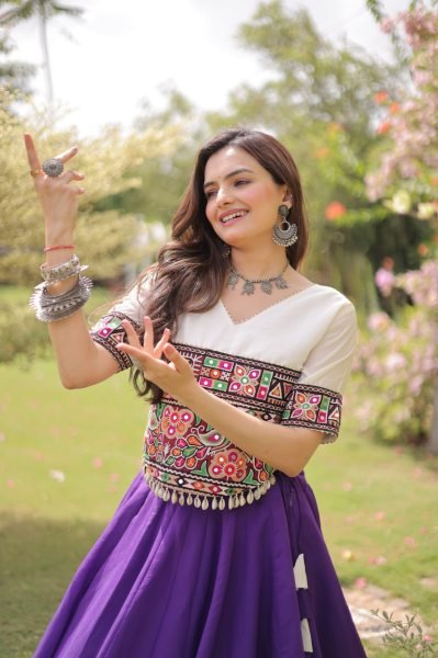 Futuristic White Purple Designer Navratri Roman Fabric Lehenga with Mirror Lace Border Navratri Lehnega Choli