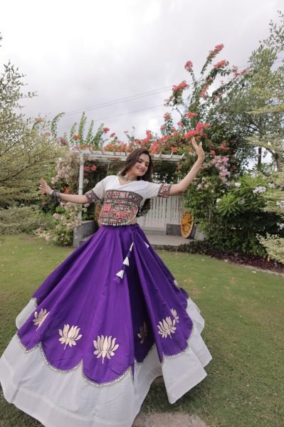 Futuristic White Purple Designer Navratri Roman Fabric Lehenga with Mirror Lace Border Navratri Lehnega Choli