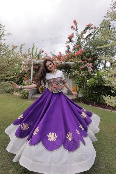 Futuristic White Purple Designer Navratri Roman Fabric Lehenga with Mirror Lace Border Navratri Lehnega Choli