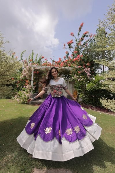 Futuristic White Purple Designer Navratri Roman Fabric Lehenga with Mirror Lace Border Navratri Lehnega Choli