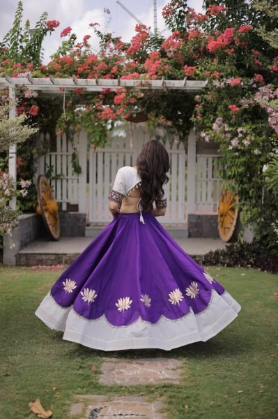 Futuristic White Purple Designer Navratri Roman Fabric Lehenga with Mirror Lace Border Navratri Lehnega Choli