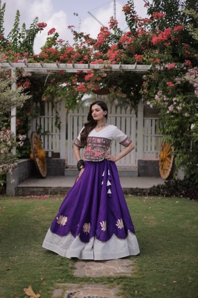 Futuristic White Purple Designer Navratri Roman Fabric Lehenga with Mirror Lace Border Navratri Lehnega Choli