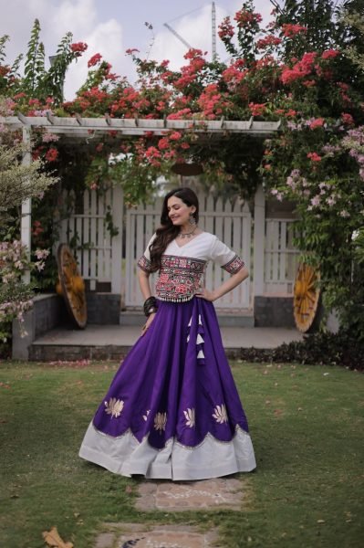 Futuristic White Purple Designer Navratri Roman Fabric Lehenga with Mirror Lace Border Navratri Lehnega Choli