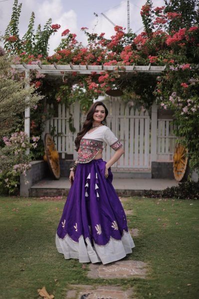 Futuristic White Purple Designer Navratri Roman Fabric Lehenga with Mirror Lace Border Navratri Lehnega Choli