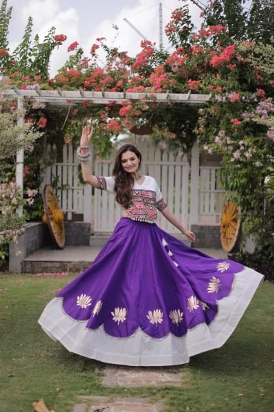 Futuristic White Purple Designer Navratri Roman Fabric Lehenga with Mirror Lace Border Navratri Lehnega Choli