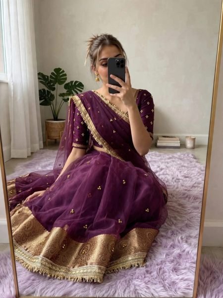 Futuristic Wine Party Wear Organza Silk Ghungroo Saree with Ghungroo Butti Sarees 