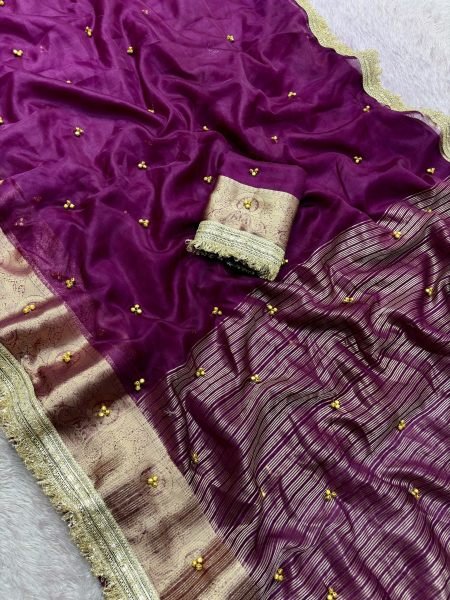 Futuristic Wine Party Wear Organza Silk Ghungroo Saree with Ghungroo Butti Silk Sarees Wholesale