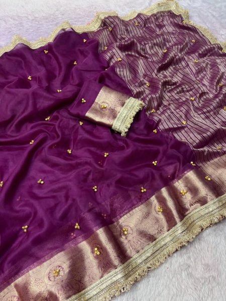 Futuristic Wine Party Wear Organza Silk Ghungroo Saree with Ghungroo Butti Silk Sarees Wholesale