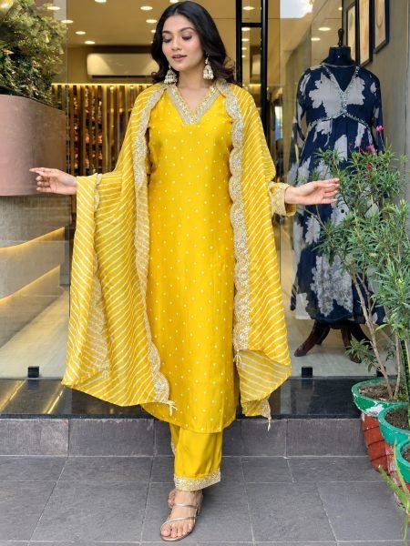 Futuristic Yellow Designer Chinon Silk Kurti Pant Set with Rose Gold Coding Work at Wholesale Rate Kurtis