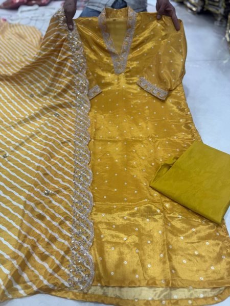 Futuristic Yellow Designer Chinon Silk Kurti Pant Set with Rose Gold Coding Work at Wholesale Rate Printed Kurtis