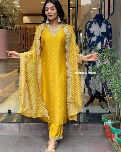 Futuristic Yellow Designer Chinon Silk Kurti Pant Set with Rose Gold Coding Work at Wholesale Rate Printed Kurtis