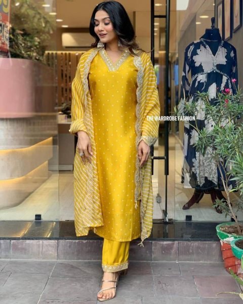Futuristic Yellow Designer Chinon Silk Kurti Pant Set with Rose Gold Coding Work at Wholesale Rate Printed Kurtis